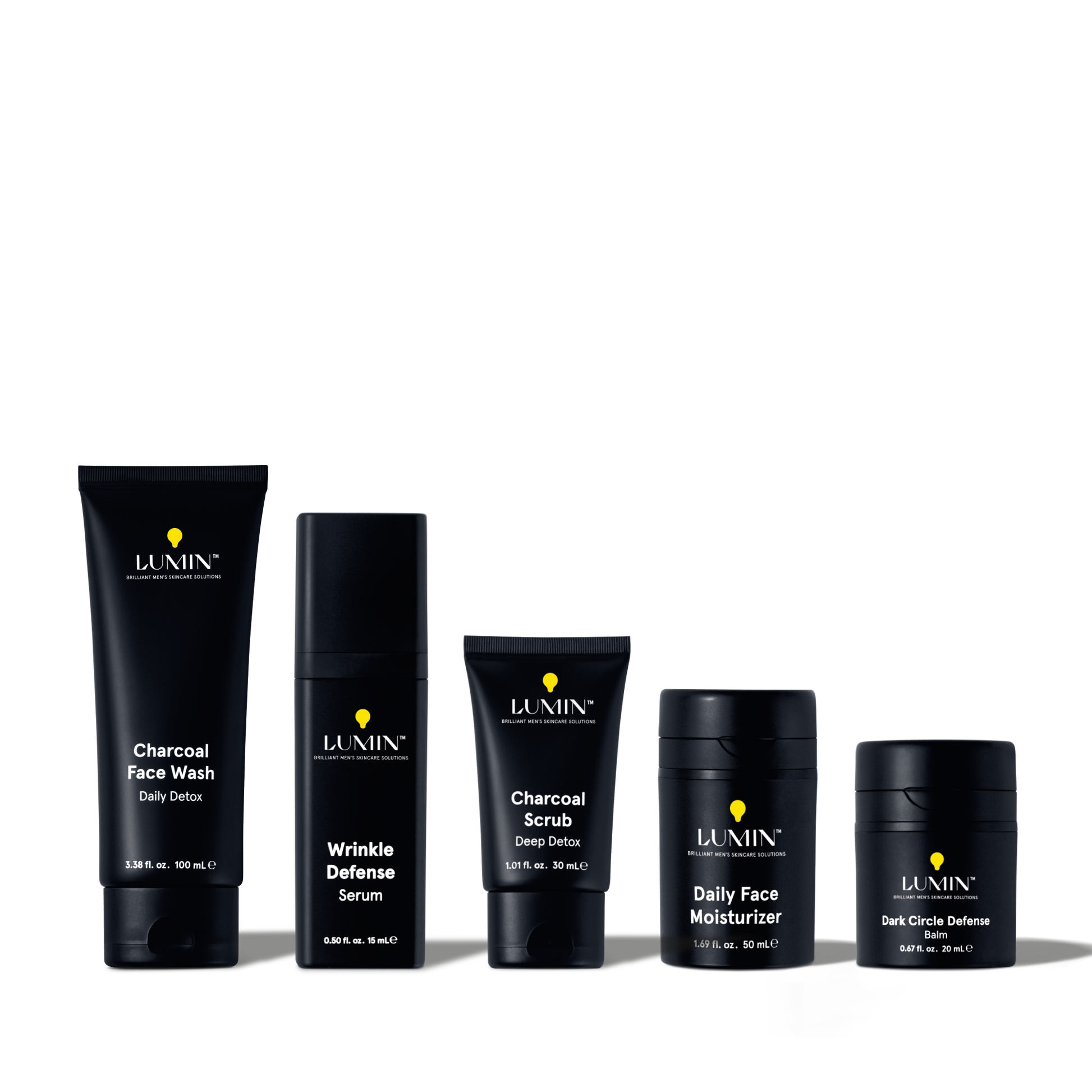 Lumin men's skincare set with Charcoal Face Wash, Wrinkle Defense Serum, Charcoal Scrub, Daily Face Moisturizer, Dark Circle Defense Balm