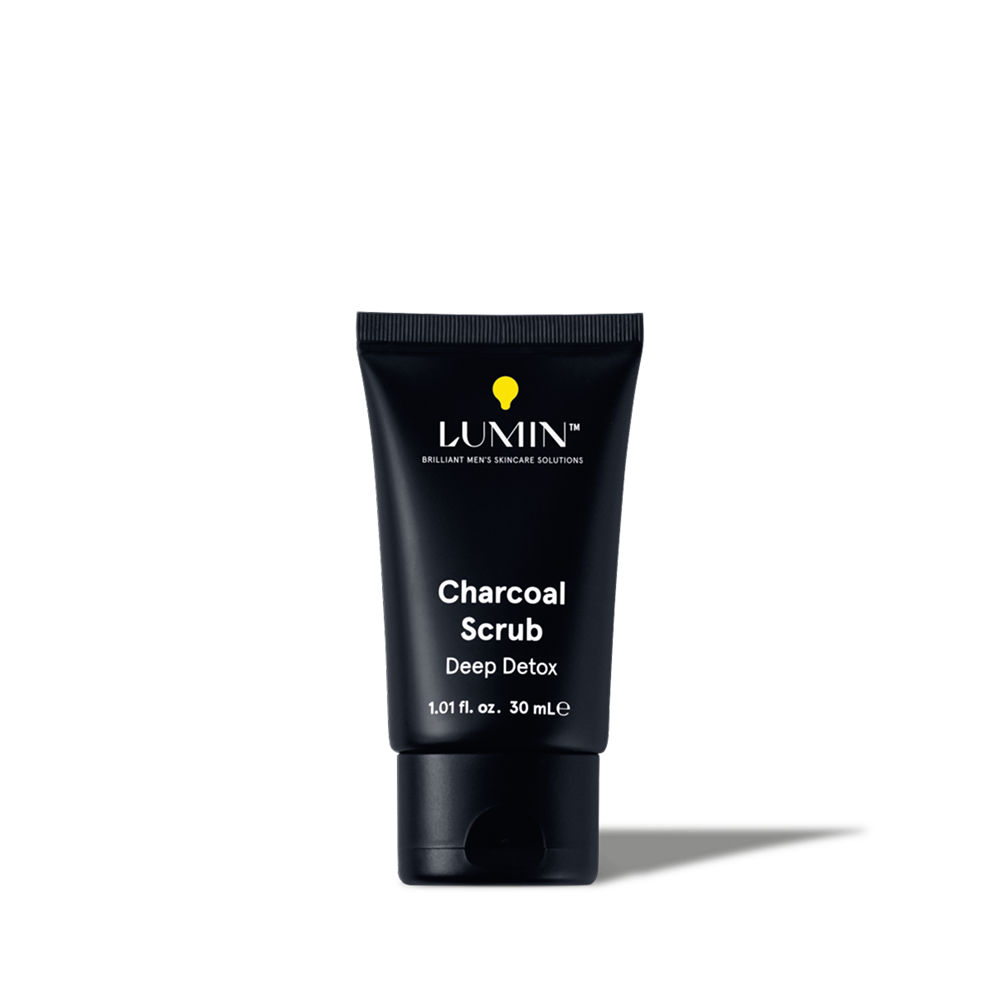 Lumin men’s charcoal scrub deep detox facial cleanser tube 1.01 fl oz black skincare product
