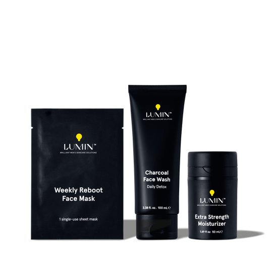 Lumin men's skincare set with Weekly Reboot Face Mask, Charcoal Face Wash 100ml, and Extra Strength Moisturizer 50ml