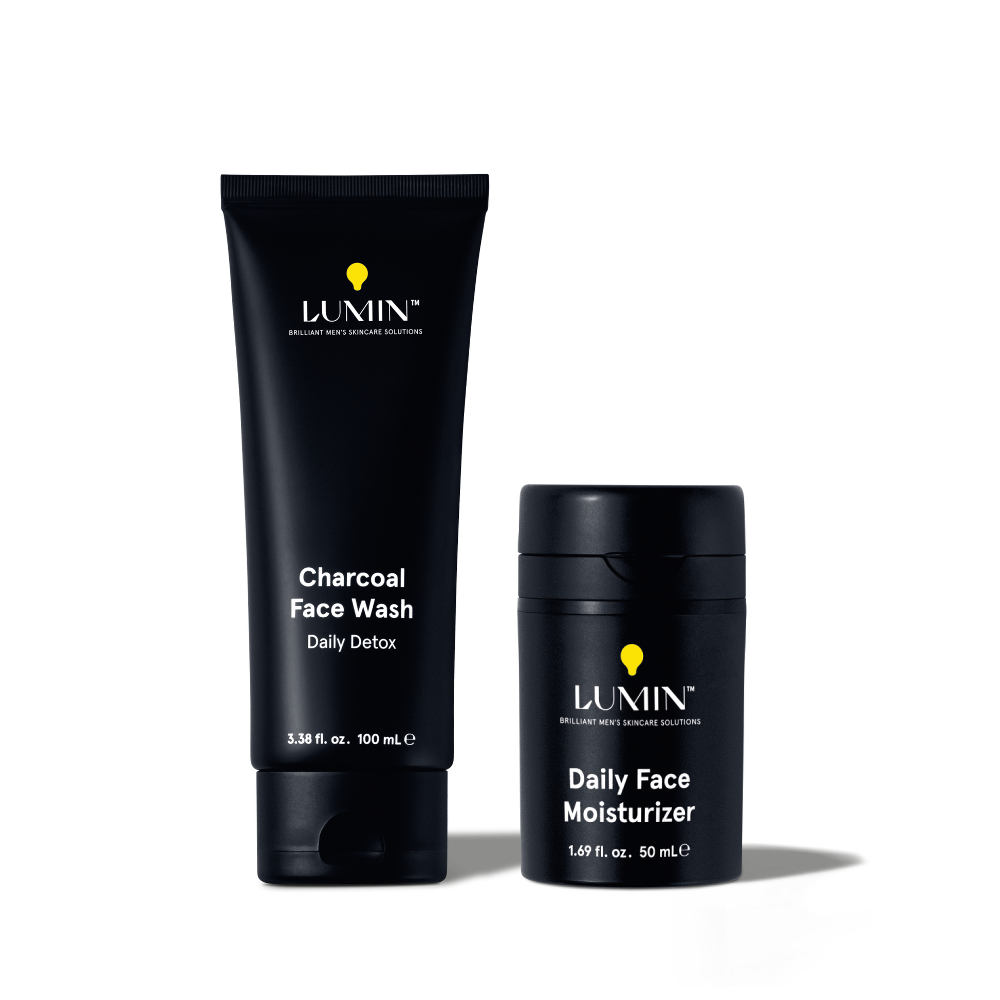 Lumin men's skincare Charcoal Face Wash 100ml and Daily Face Moisturizer 50ml black containers for daily detox and hydration