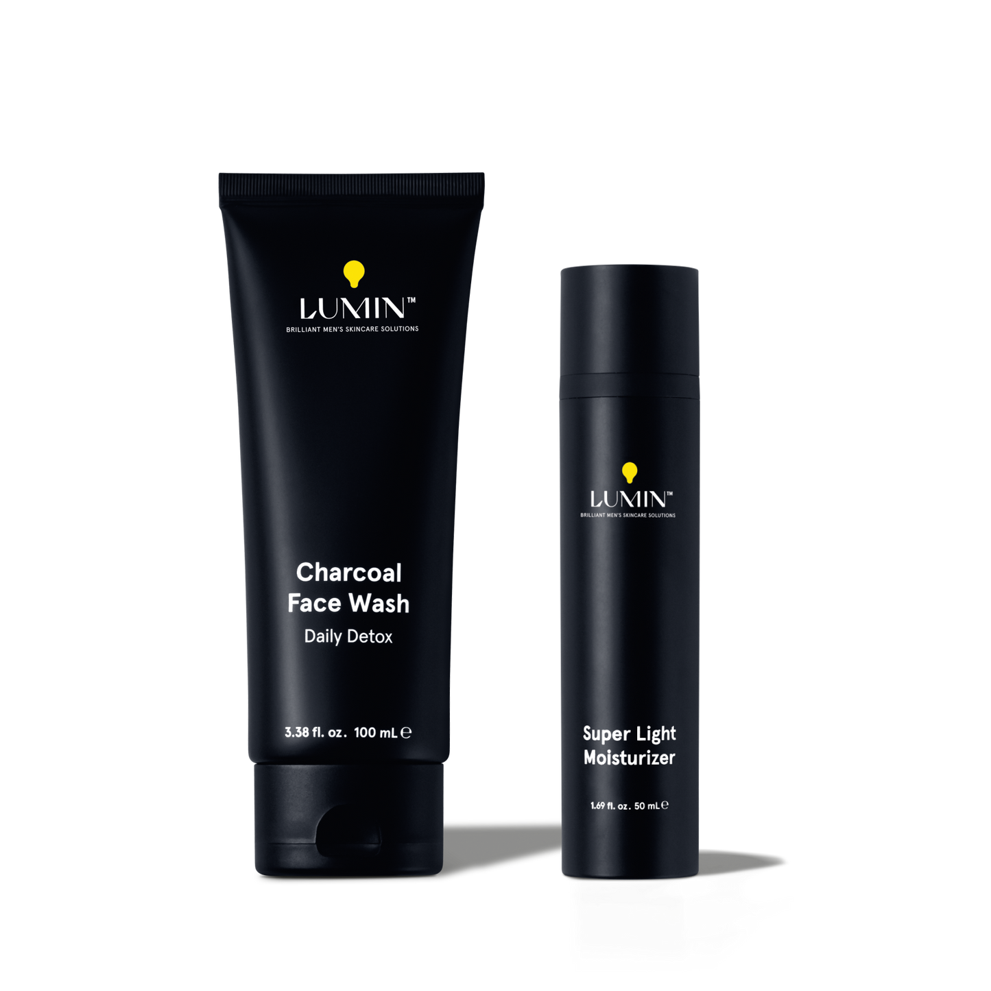 Lumin men's skincare set with Charcoal Face Wash daily detox 100ml and Super Light Moisturizer 50ml in black bottles