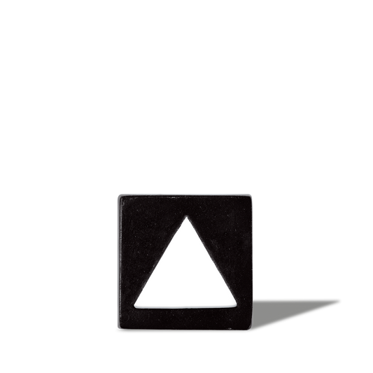 Black square button with a white upward-pointing triangle symbol, casting a shadow on a white background.