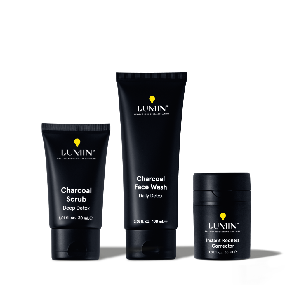 Lumin men's charcoal skincare set with deep detox scrub, daily detox face wash, and instant redness corrector cream