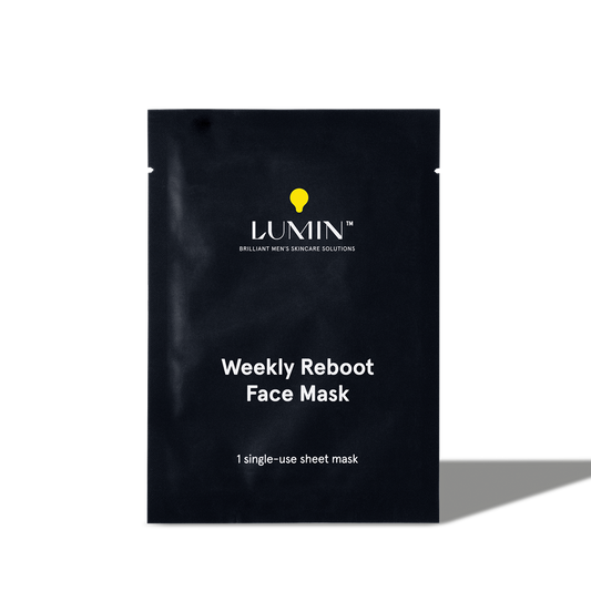 Lumin Weekly Reboot Face Mask single-use sheet mask for men’s skincare, deep cleansing and hydration treatment.
